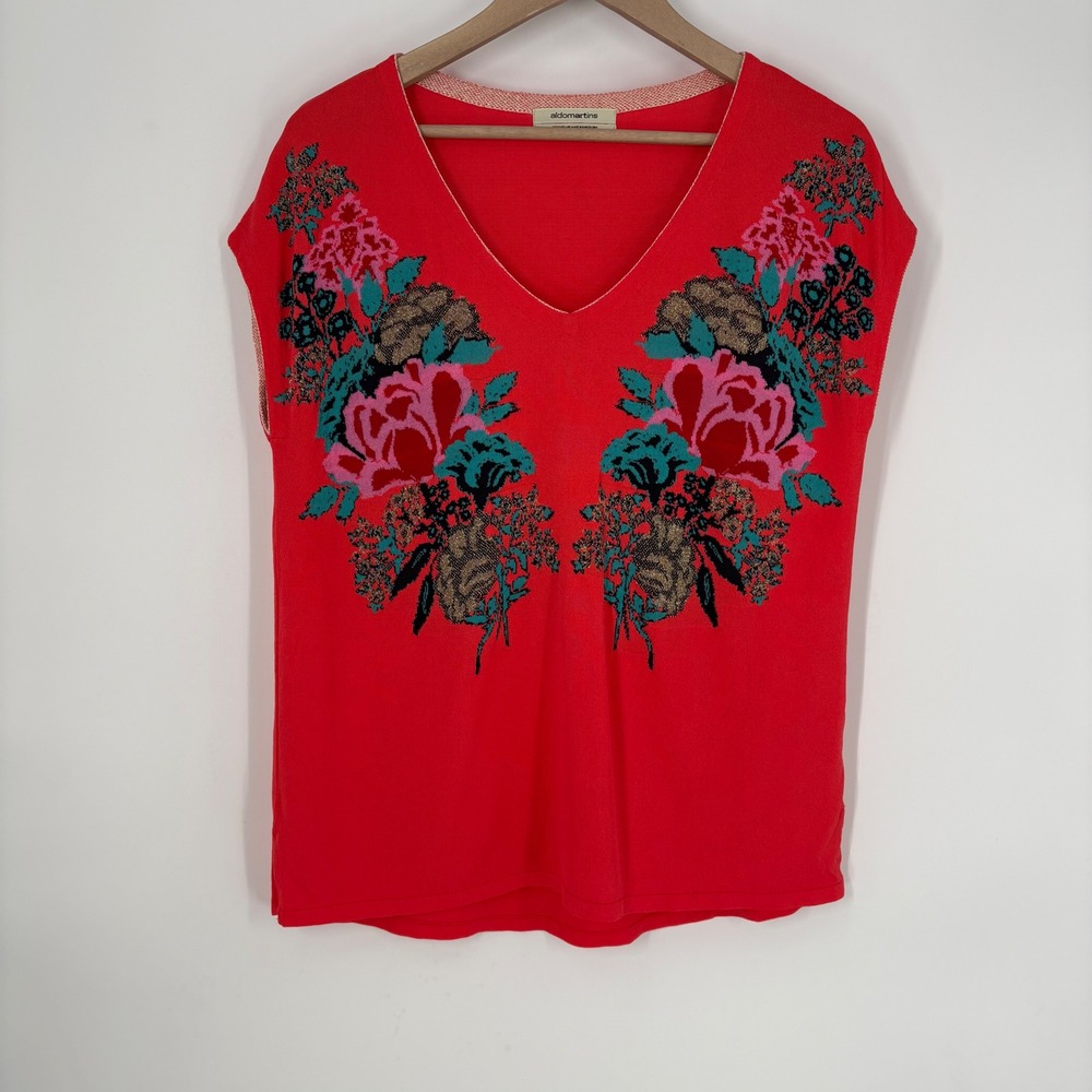 Aldomartins Floral‎ Intarsia V-Neck Knit Cap Sleeve Top Size M Made in Barcelona